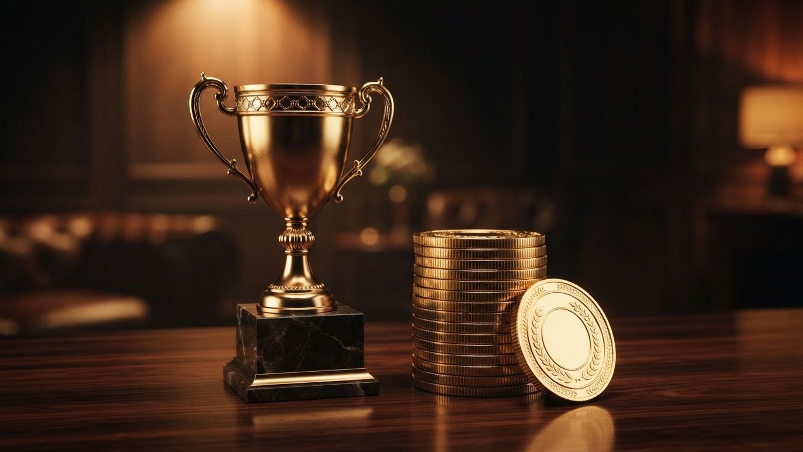 Trophée élégant et pièces dorées sur fond sombre