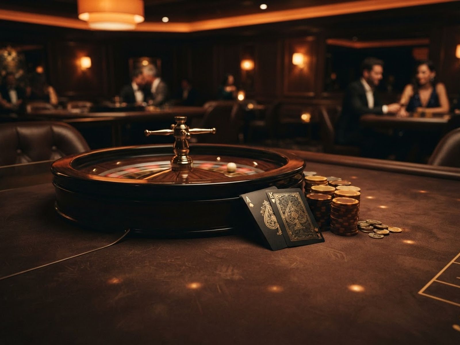Roulette et cartes sur table de casino sombre