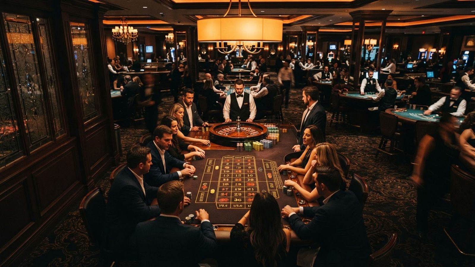 Grande table de roulette dans salle de casino chaleureuse