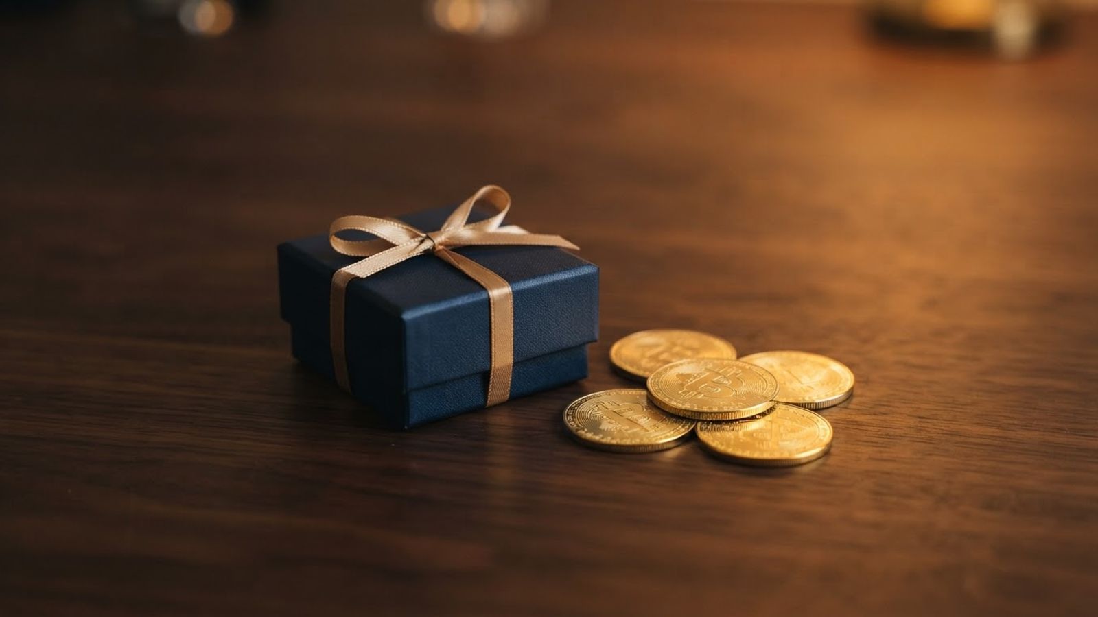 Pièces dorées et boîte cadeau sur fond sombre